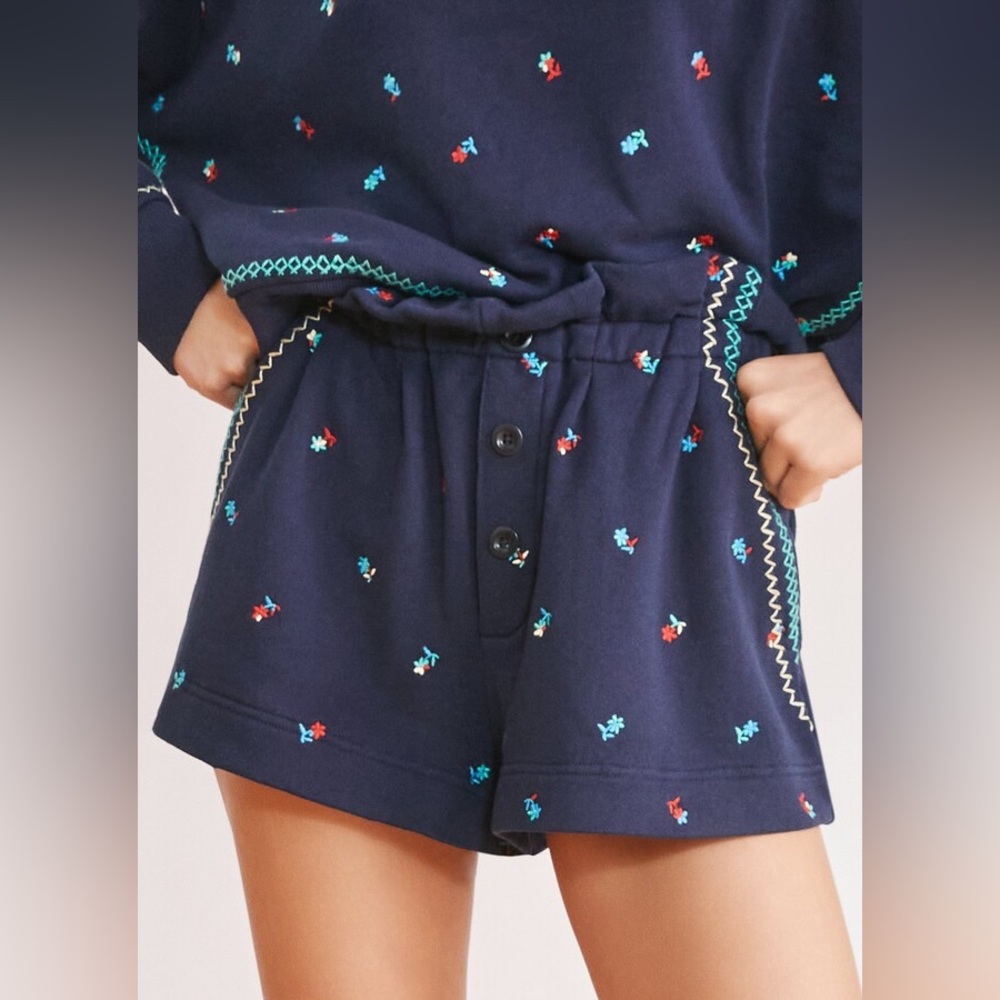 Something Navy Hazel Floral Paperbag Sweatshorts in Navy Blue - Small (S)